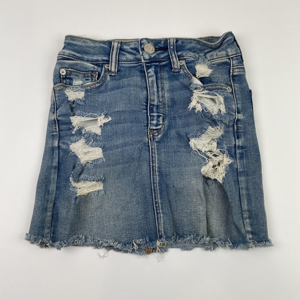 American Eagle Womens 0 Distressed Denim Mini Skirt Blue Ne(x)t Level Stretch